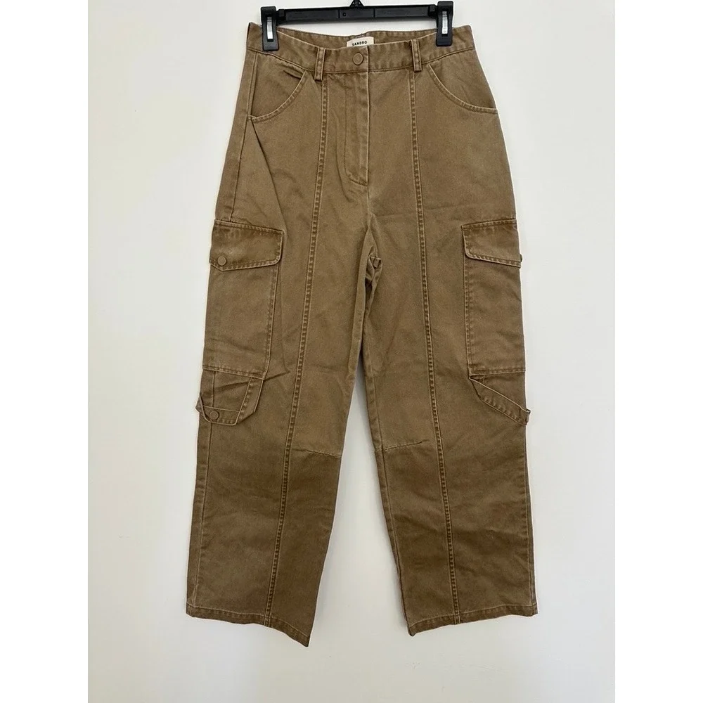 Sandro Paris Cargo Utility Pants Women 40 US 8 Brown Twill Wide Leg Utility - Picture 1 of 8
